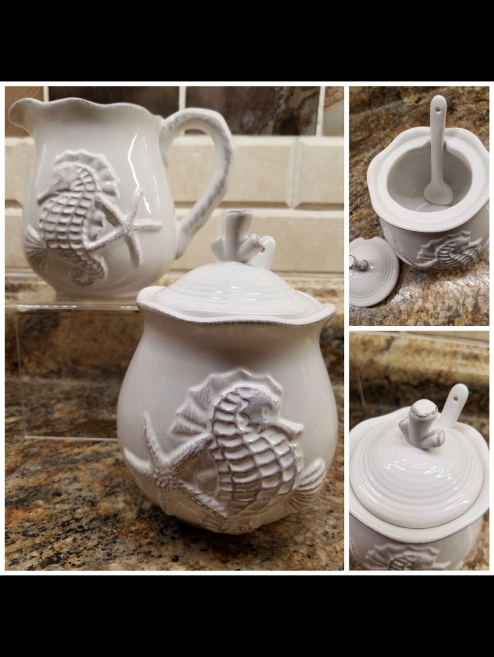 Seahorse Starfish Seashell Blue Sky Ceramic Sugar Creamer Serving Spoon Set NEW